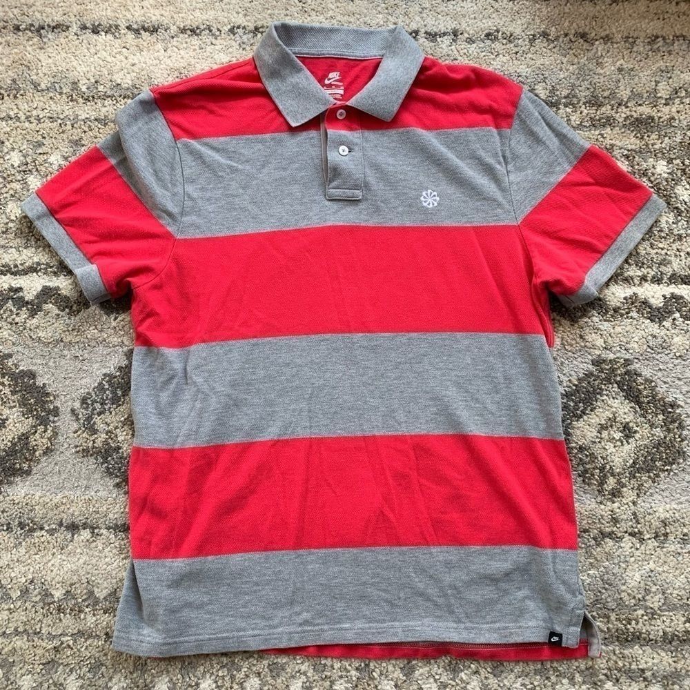 Nike Red and Gray Striped Polo Shirt